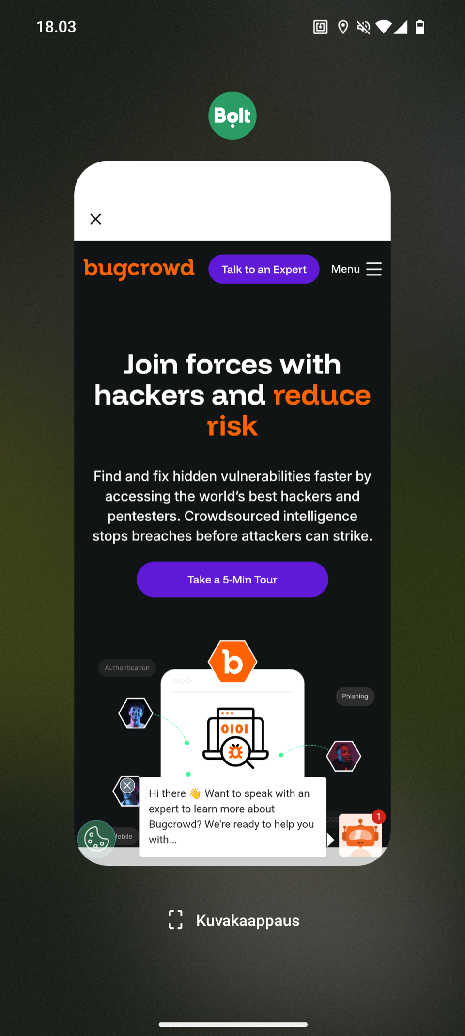The Bolt app displaying the Bugcrowd website inside its in-app WebView